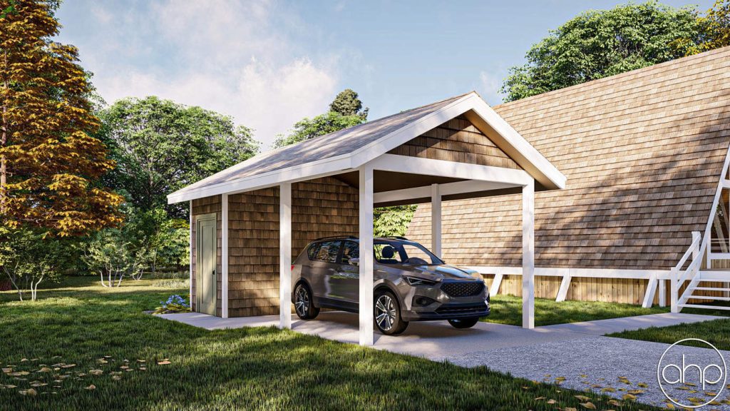 A carport whose shingle match that of the detached house