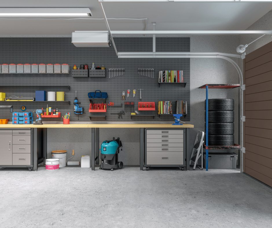 An organized garage with a work bench, wall storage, and cabinetry. 