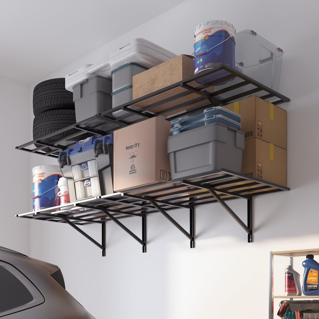 Shelves on a garage wall with storage bins and containers on them. 