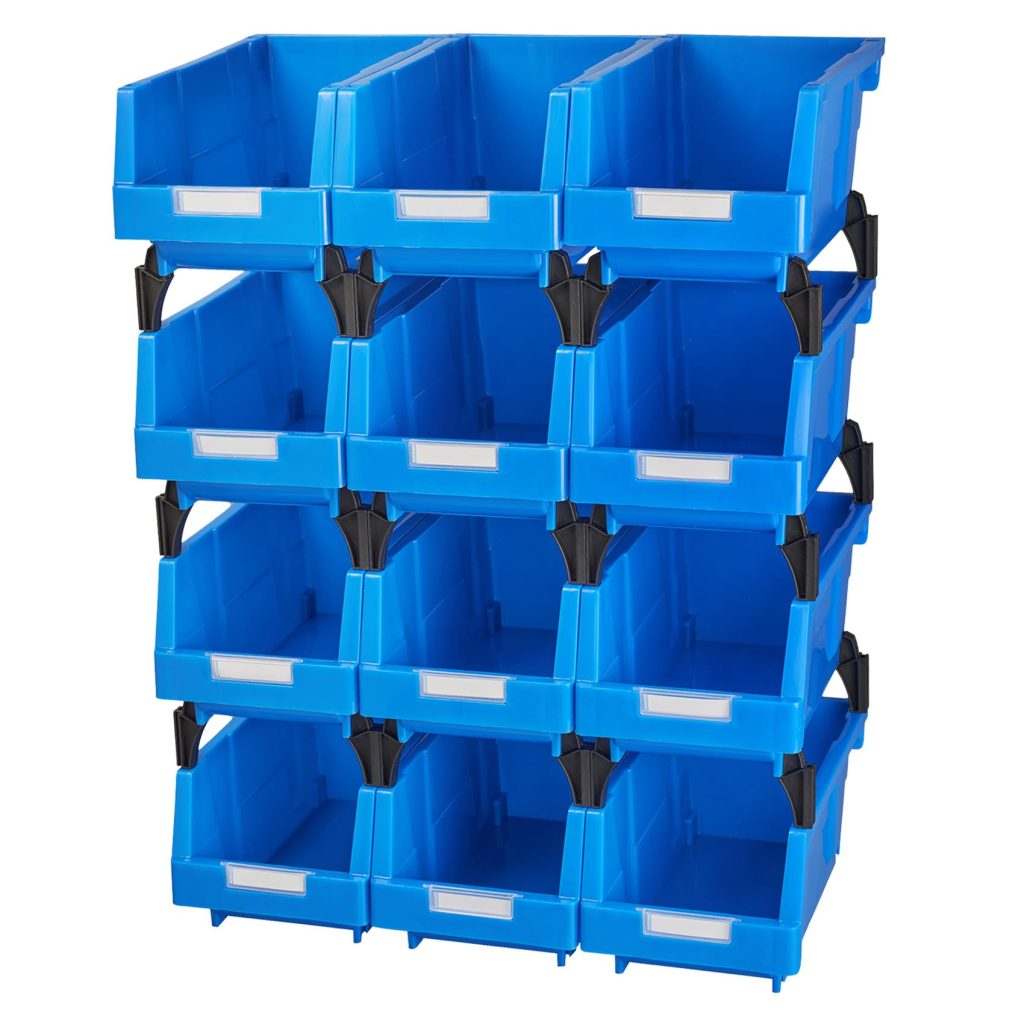 4 rows of blue bins that are stacked on top of one another for storage.