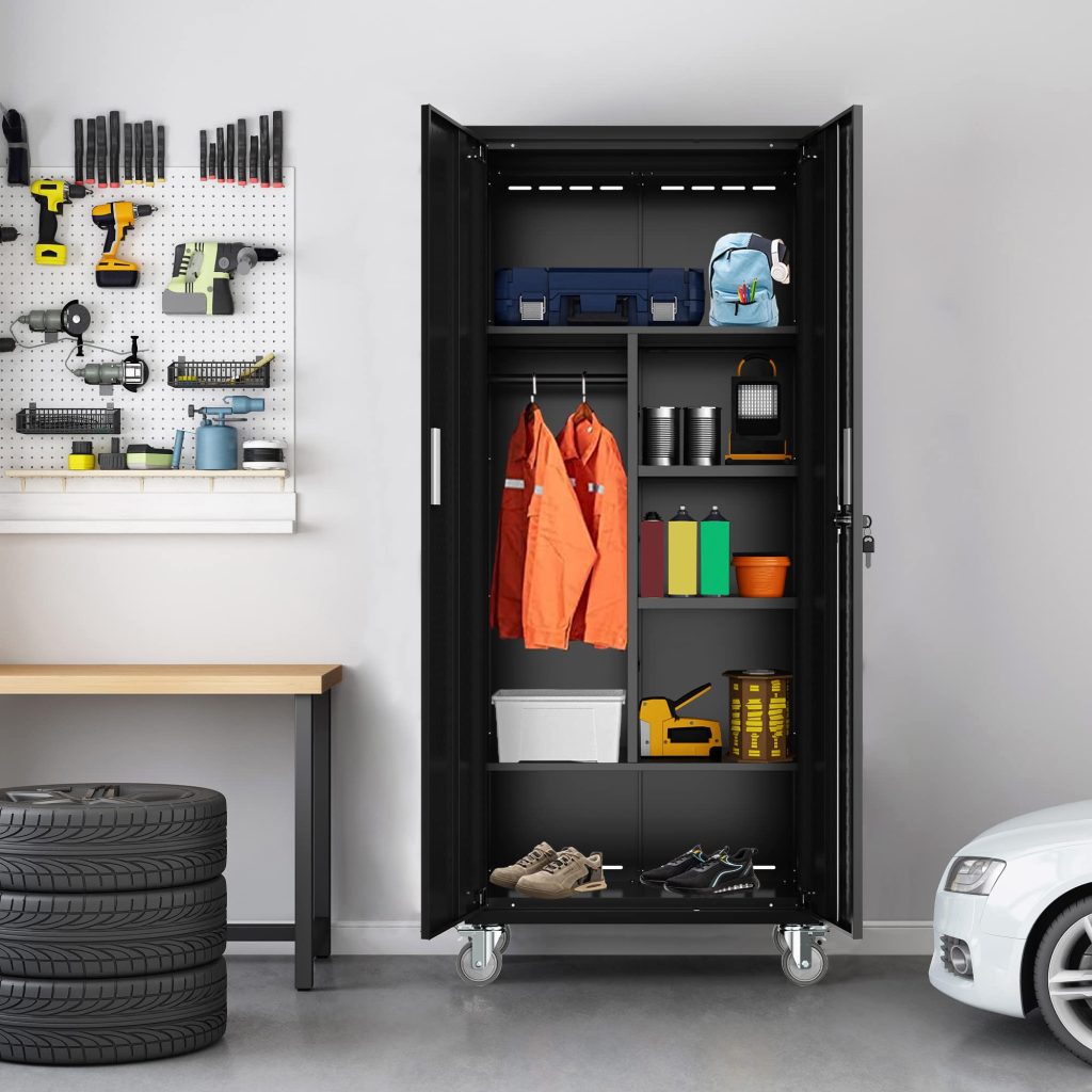 A cabinet with tools and materials in it. The cabinet is on wheels for easy mobility. 